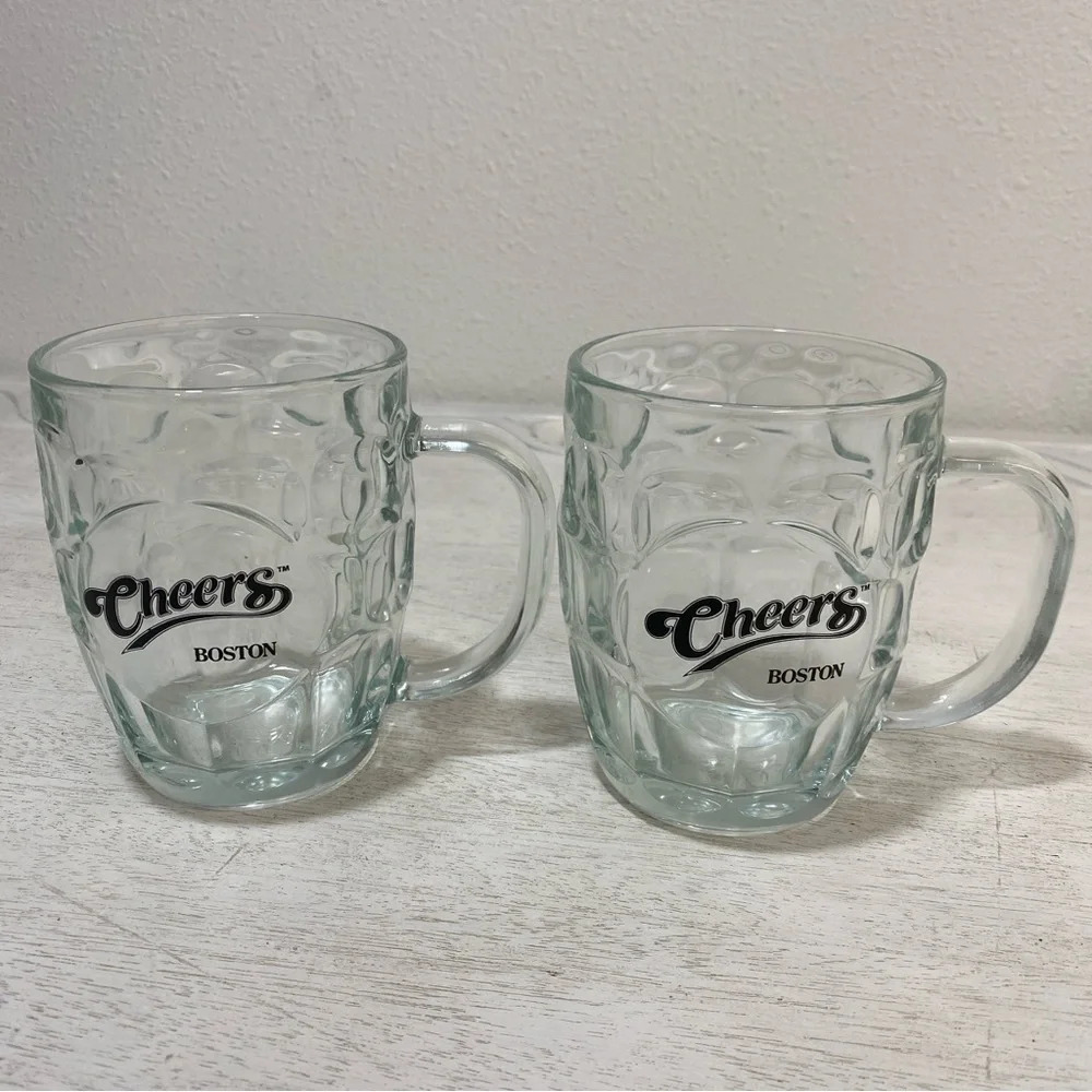SET 2 Cheers Beer Mug‎ Clear Dimpled Glass Stein 16oz. Boston